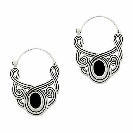 Antike Sterling Silber .925 Oval Original Onyx Stein Wirbel Inlay Ohrringe