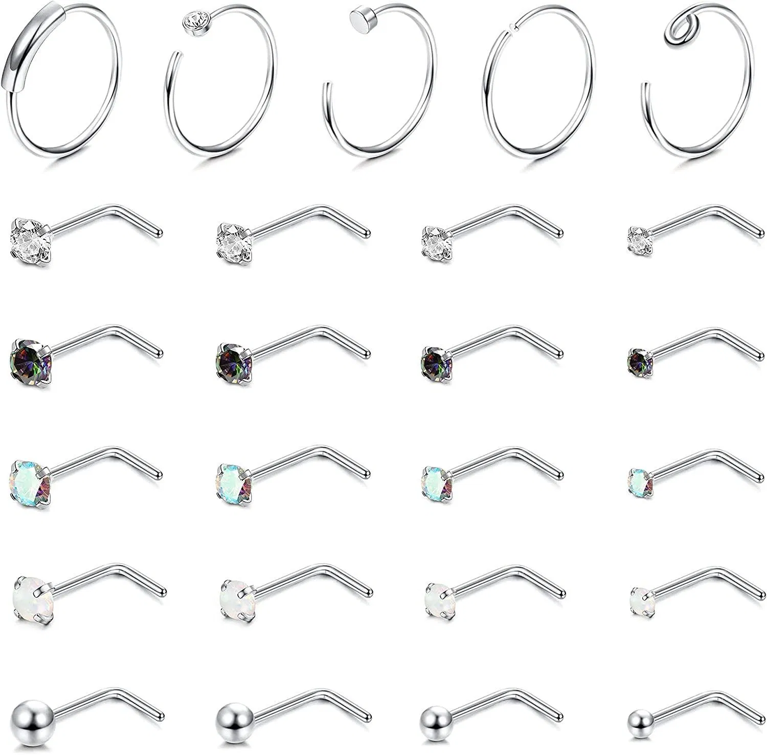 25PCS Nasenring Studs; Edelstahl Nasenringe Hoop Knochen Schraube L-förmige Nasen Studs Tragus Knorpel Helix Ohrringe Hoop Nasen Piercing für Frauen