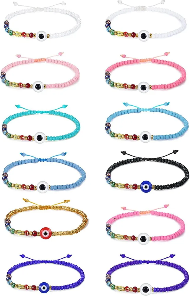 12pcs farbenfrohe Perlen böse Augen Armbänder für Frauen Männer handgemacht rot verstellbares Ojo Armbänder Glück Schutz Armbänder Geschenk für Freunde Familie