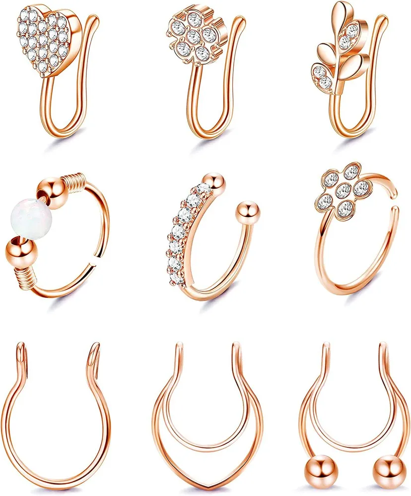 9pcs Falsche Nase Ringe Edelstahl Faux Nasen Ring Schleife Eingezogen CZ für Frauen Fuax Septum Ring Clip Auf Nasen Ring Fälschungen Septum Ringe Nicht Piercing 16 / 20G