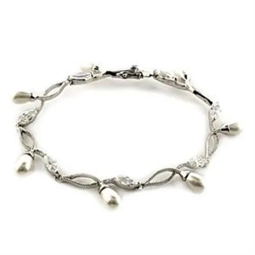 LOA542 - Rhodium 925 Sterling Silber Armband mit synthetischer Perle in Weiß