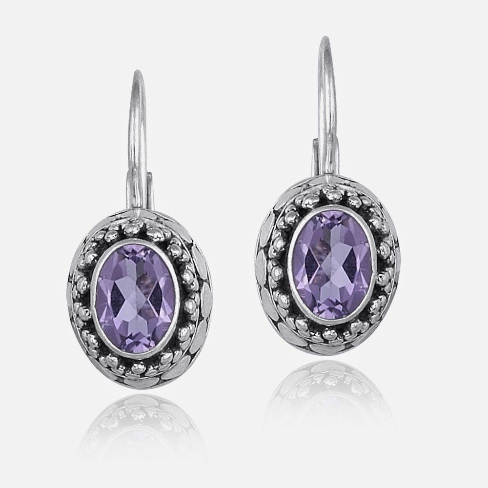 Sterling Silber Echt Amethyst Bali Perlen Oval LeverBack Lever Rücken Ohrringe