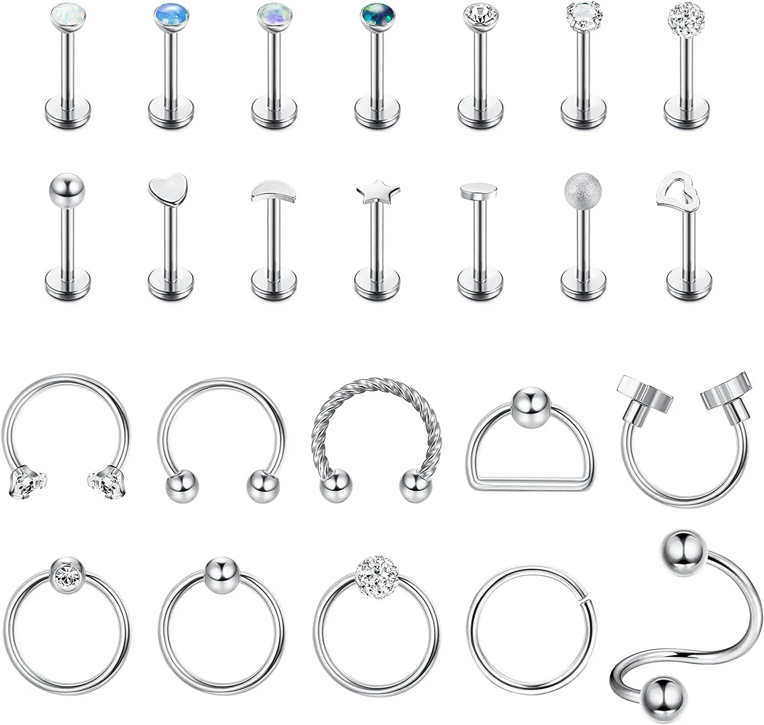 24pcs Edelstahl Tragus Ohrringe Knorpel Helix Ohrstöcke Daith Rook Barbells Lippenringe Labret Stud Monroe Piercing für Frauen Männer