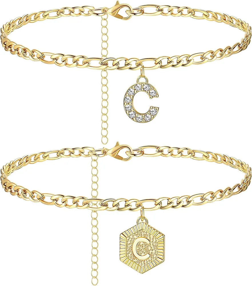 Anfängliche Knöchel-Armbänder für Frauen; Edelstahl-Schicht Figaro-Kettenbrief Anfängliche Knöchel-Armbänder mit Buchstaben-Alphabet für Frauen Mädchen (2Pcs)