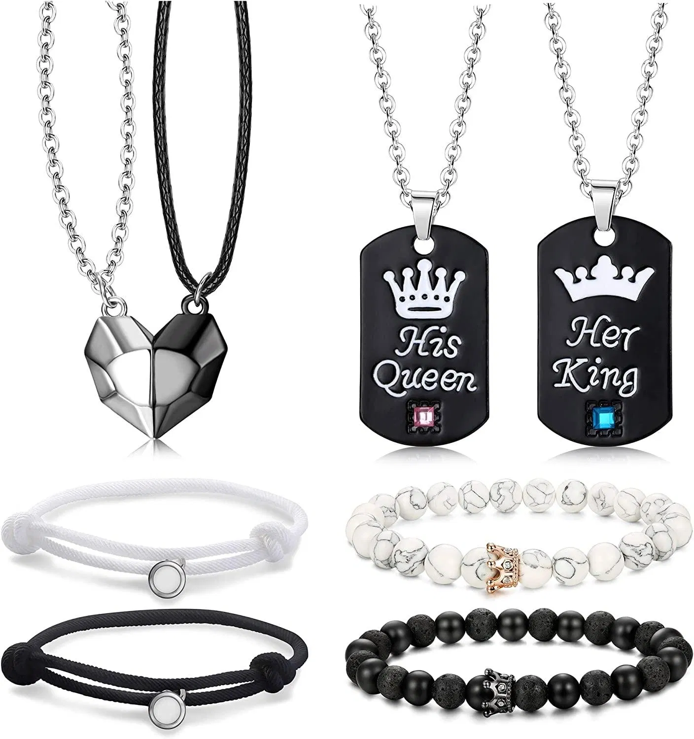 8pcs Paar Halskette Armbänder Set für Frauen Männer Herz Anhänger passen Halskette Krone Ihr König Seine Königin Armbänder Paareschenk für den Valentinstag