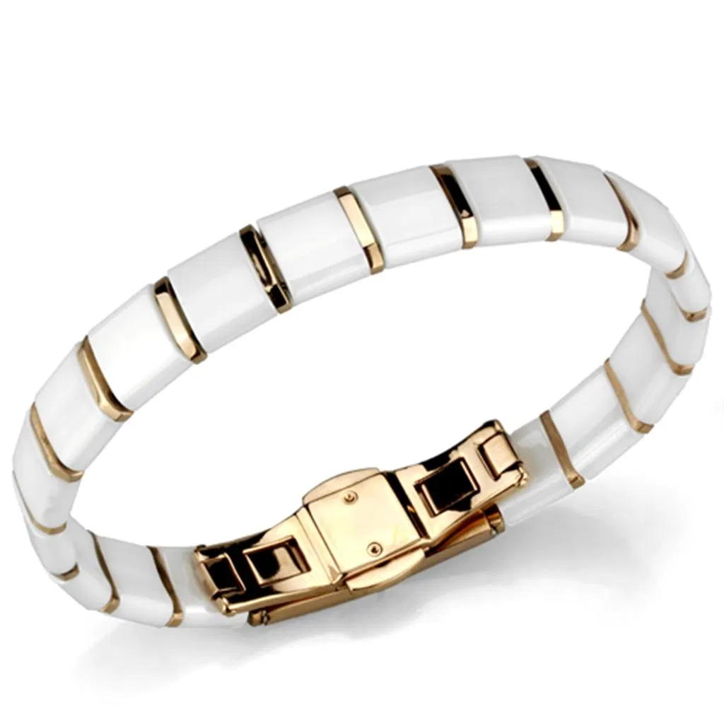 3W987 - IP Rose Gold (Ion Plating) Edelstahl Armband mit Keramik in Weiß
