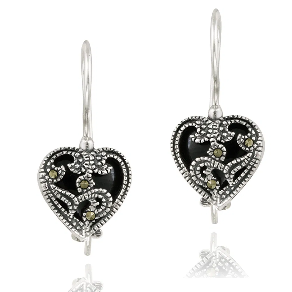 Sterling Silber Onyx & Marcasite Herz Drop Ohrringe