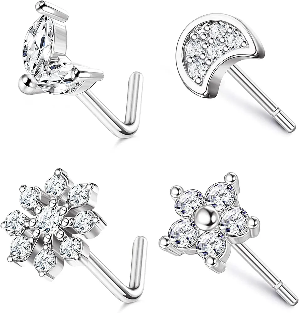 4Pc 925 Sterling Silber Nasen Studs Frauen Männer 20G L Form Nasen Ringe CZ Mond Stern Blumen Schmetterling Schraube Nasen Piercing Schmuck