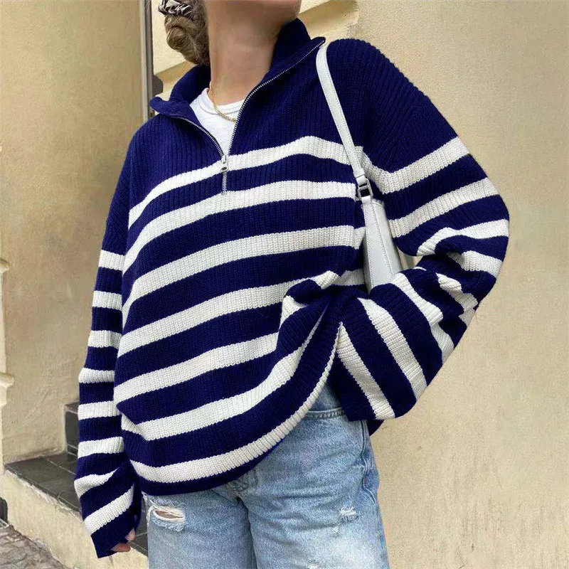 Streifen gestrickte Casual Frauen Pullover Long Sleeve Damen Jumper 2021 Herbst Winter Patchwork gestrickte Pullover Zip V-Neck Pullover