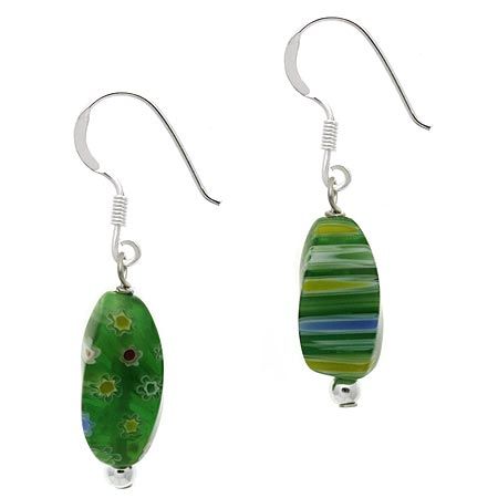 Sterling Silber .925 Murano Glass Green Bead Millefiori Dangle Ohrringe