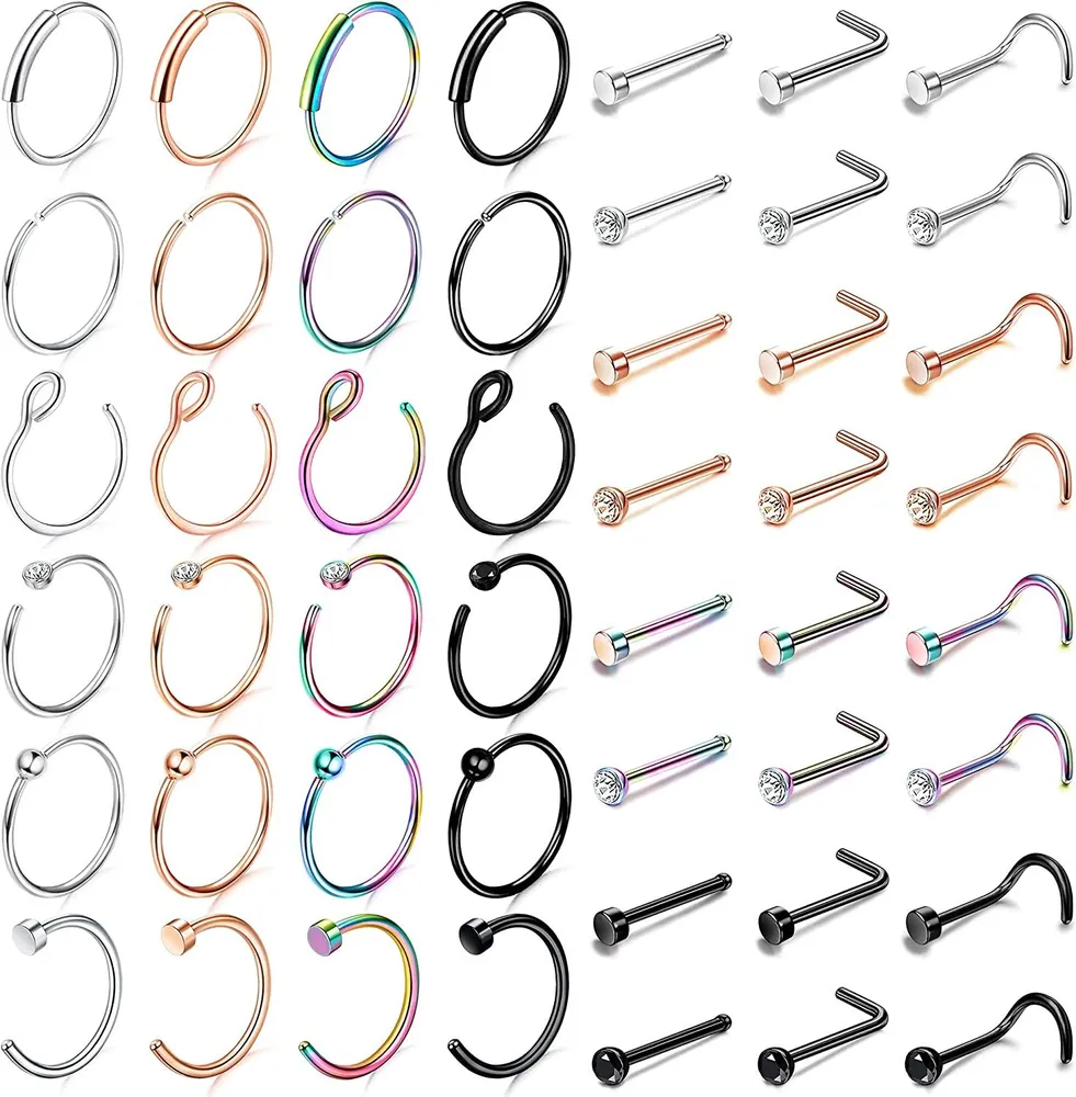 48 PCS 20G Chirurgische Edelnose Ringe für Frauen Männer Nasenring Hoops Studs Schraube L-förmige Nasen Piercings mit Kubik-Zirkonium eingelegt
