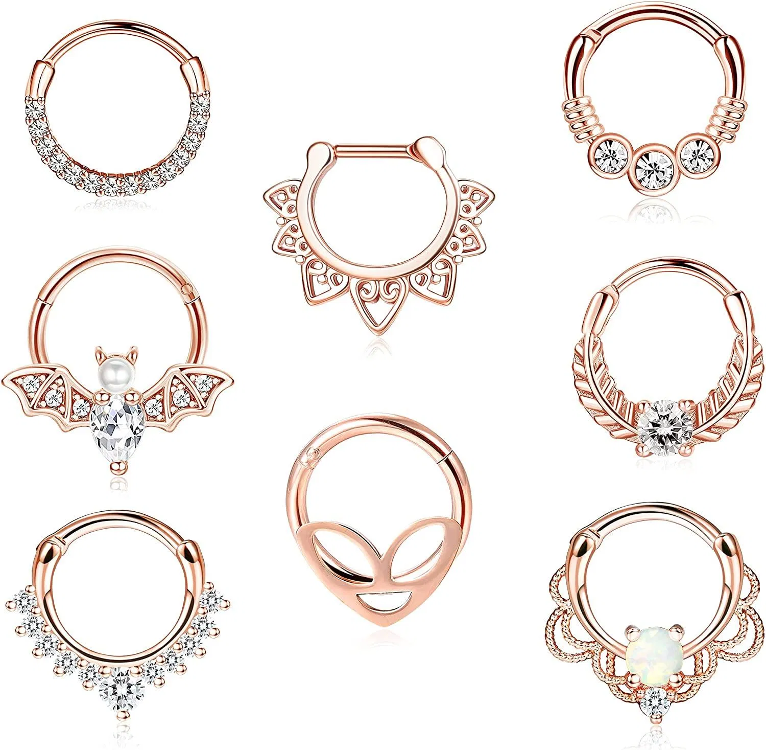 8MM Septum Ringe 16G Daith Ohrringe Piercing Chirurgische Edelstahl CZ Opal Septum Clicker Ringe Alien Bat Septum Hingeed Segment Nasen Ringe Knorpel Helix Tragus Hoops