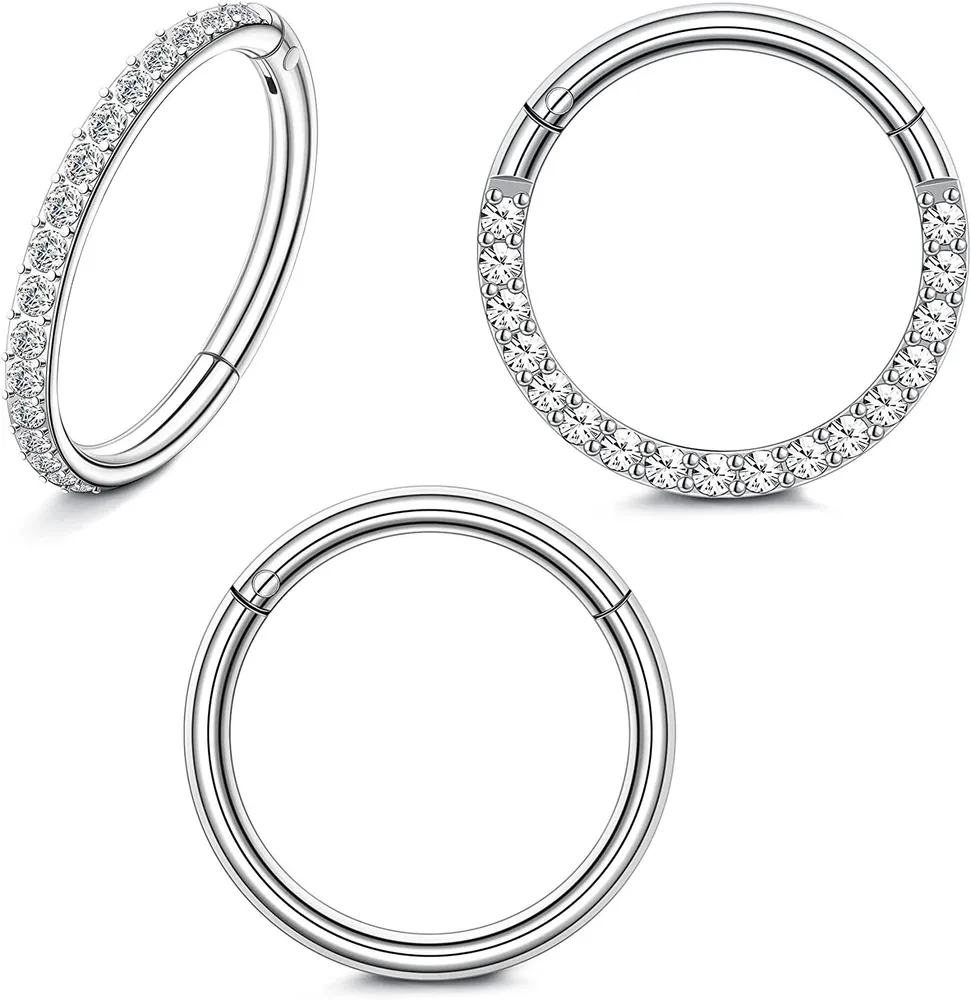 3Pcs 316L Chirurgische Nasenringe Schleife Septum Clicker Hinge Segment Ring Lippe Ohr Piercing Ohrringe für Knorpel Helix Tragus Conch Rook 16G Körper Knorpeln Nasenschleife mit CZ Pflaster
