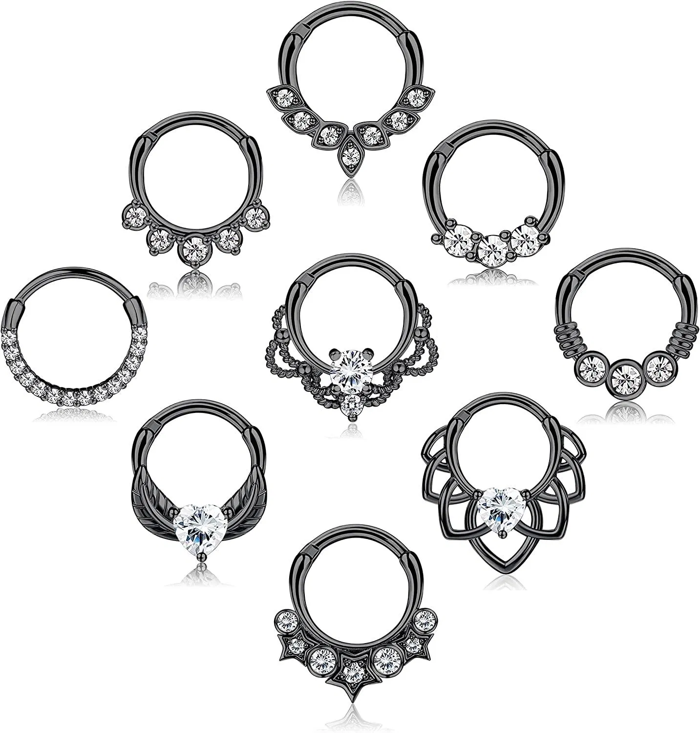 9Pcs Septum Ring 316L Edelstein-Zirkonschleifen Scharnier-Segment Nasenringe für Männer Frauen CZ Knorpel Tragus Helix Daith Ohrringe Nasen Piercing 10 MM
