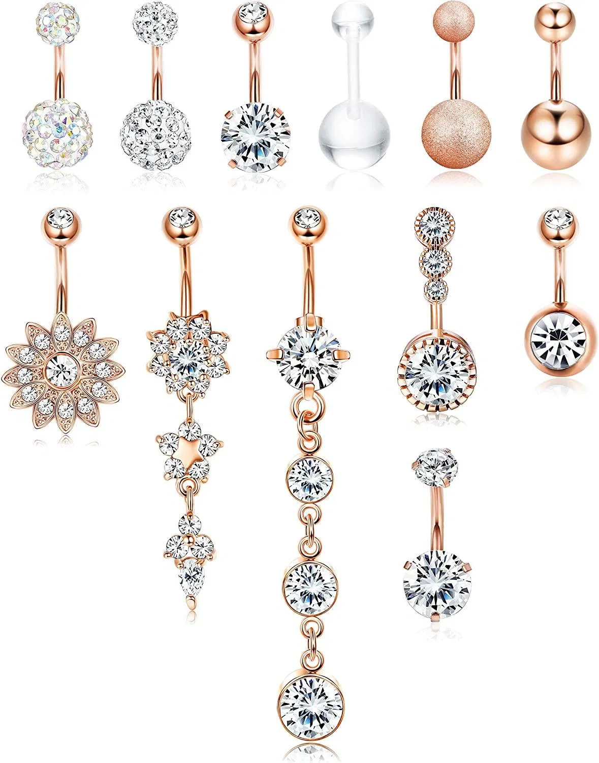 12pcs 14G Bauchknopfringe für Frauen Kubik Zirkonia Nabelringe Bauchknopfringe Dangle Frauen Körper Piercing Barbells