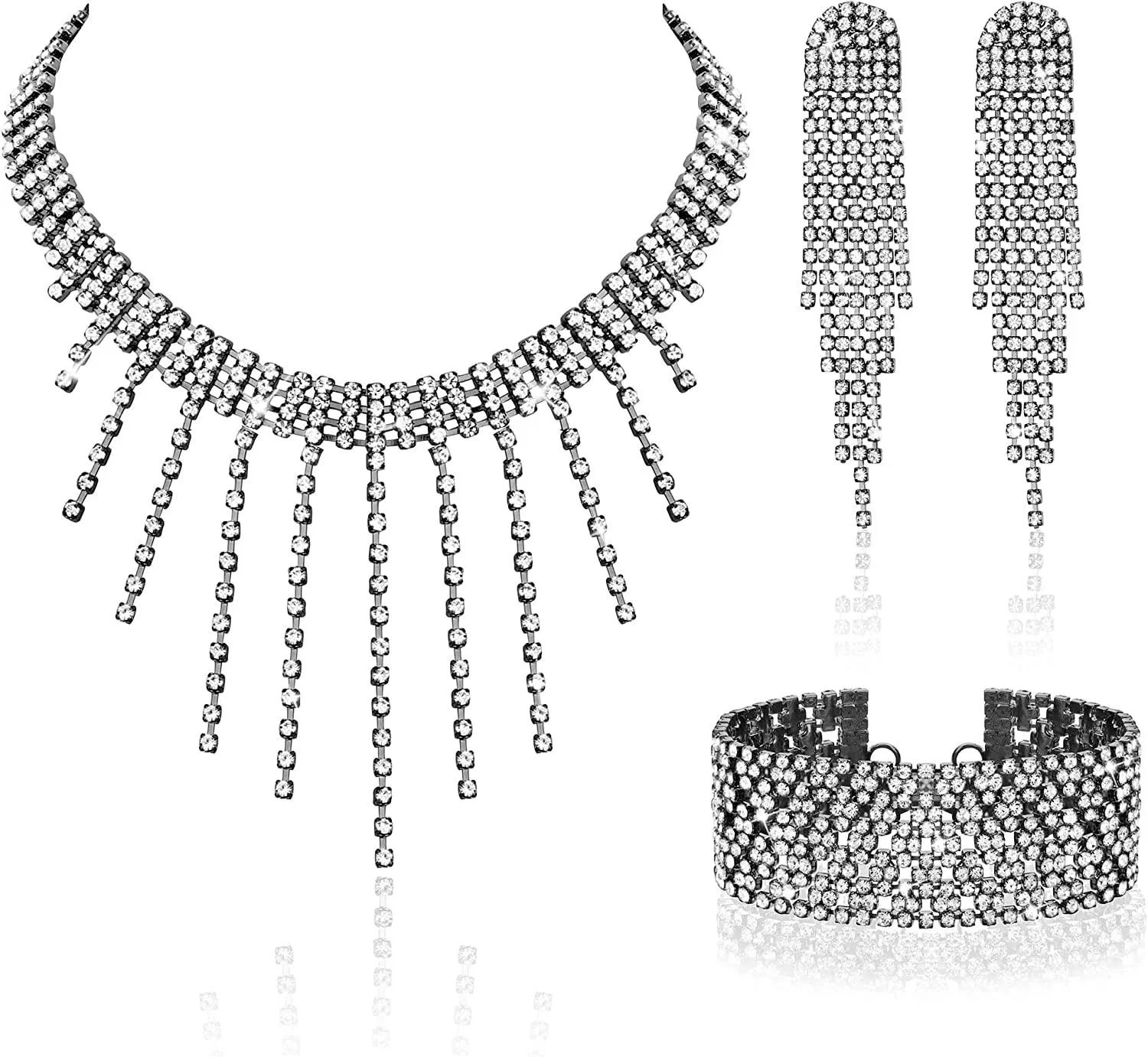 Kristall-Set Rhinestone Halskette Stretch Armband Rhinestone Tassel Dangle Ohrringe Party-Kostüm für Frauen Braut-Set für Hochzeit Prom