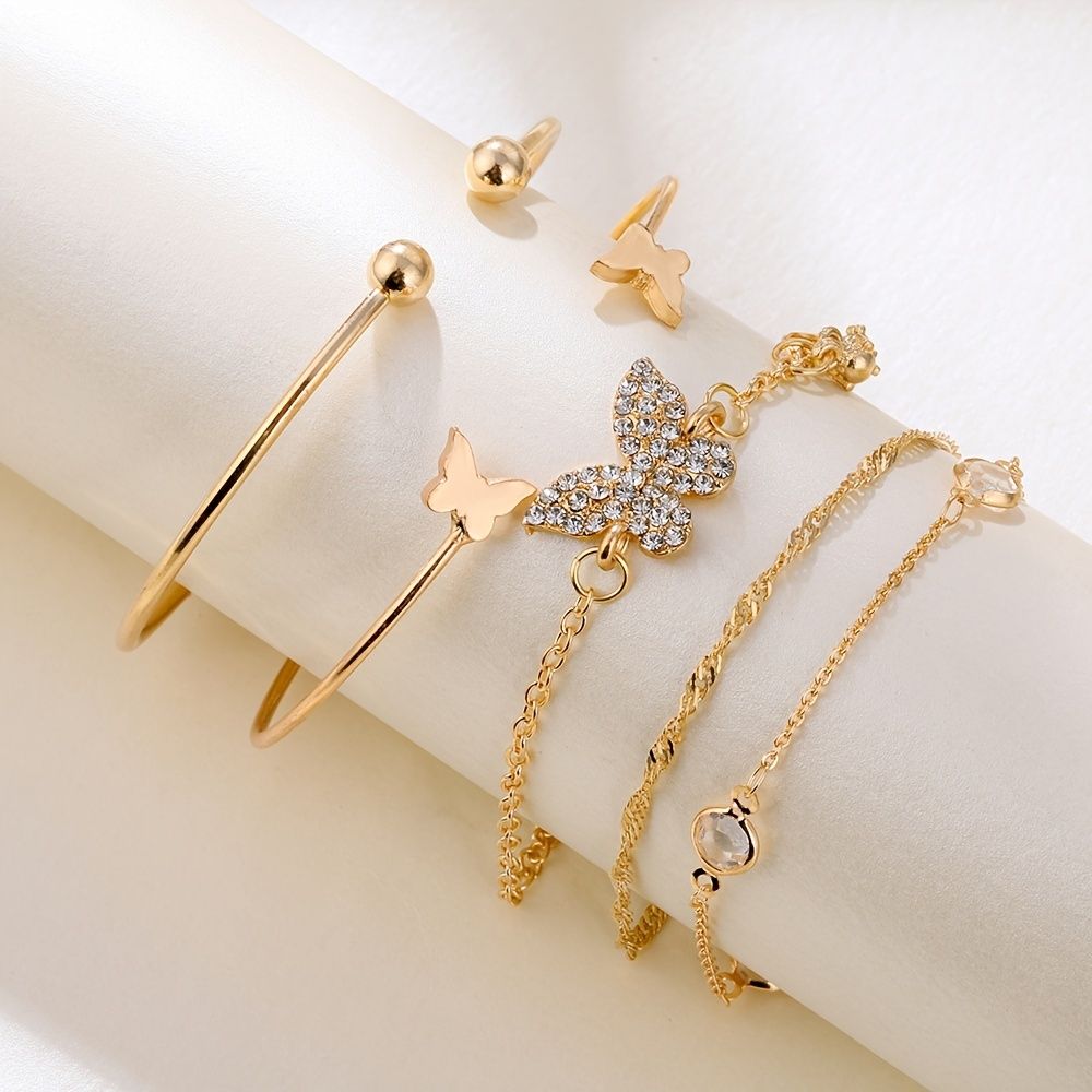 5pack Golden Butterfly Cuff Bangle Glitter Rhinestone Armband Set