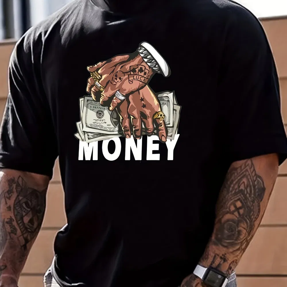 Cartoon Geld und Handdrucke, Herren Grafik Design Round Neck Nische T-Shirt, Sommer Casual Comfortable T-Shirt, Männer Top tägliche Urlaubsziel