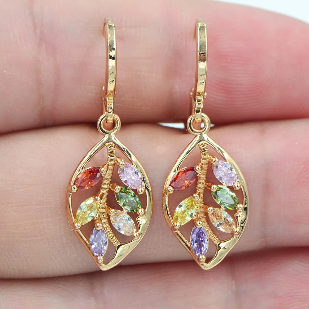 Multicolor Mystic Cubic Zirkonia Frauen Blatt Dangle Ohrringe Schmuck 14K Gold Plated Ohr Dekoration Geschenk