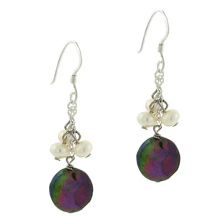 Sterling Silber .925 Iridescent Black & White Echtes Frischwasser-Kultivierte Münze Perle Runde Rolo Link Kette Dangle Hook Cluster Ohrringe