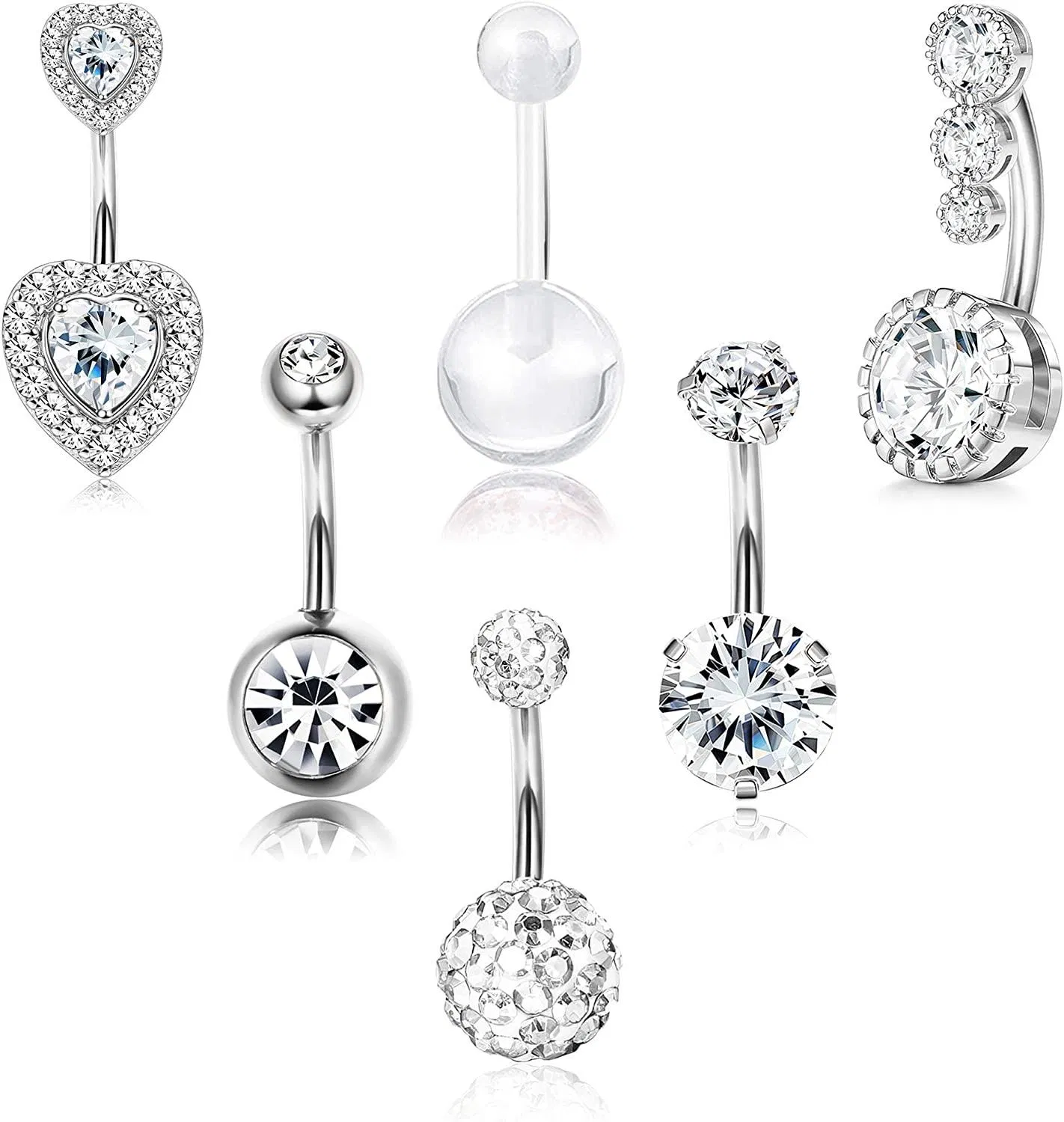 Bauchknopfringe chirurgische Rückwärtsnabelringe für Frauen gekrümmte Barbell CZ süße Körper Piercing Schmuck 14G 6Pcs