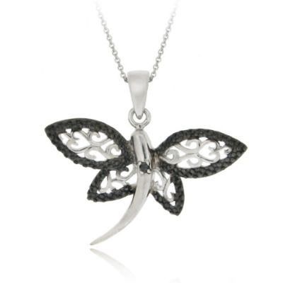 Sterling Silber schwarzer Diamant Akzent Filigree Dragonfly Anhänger