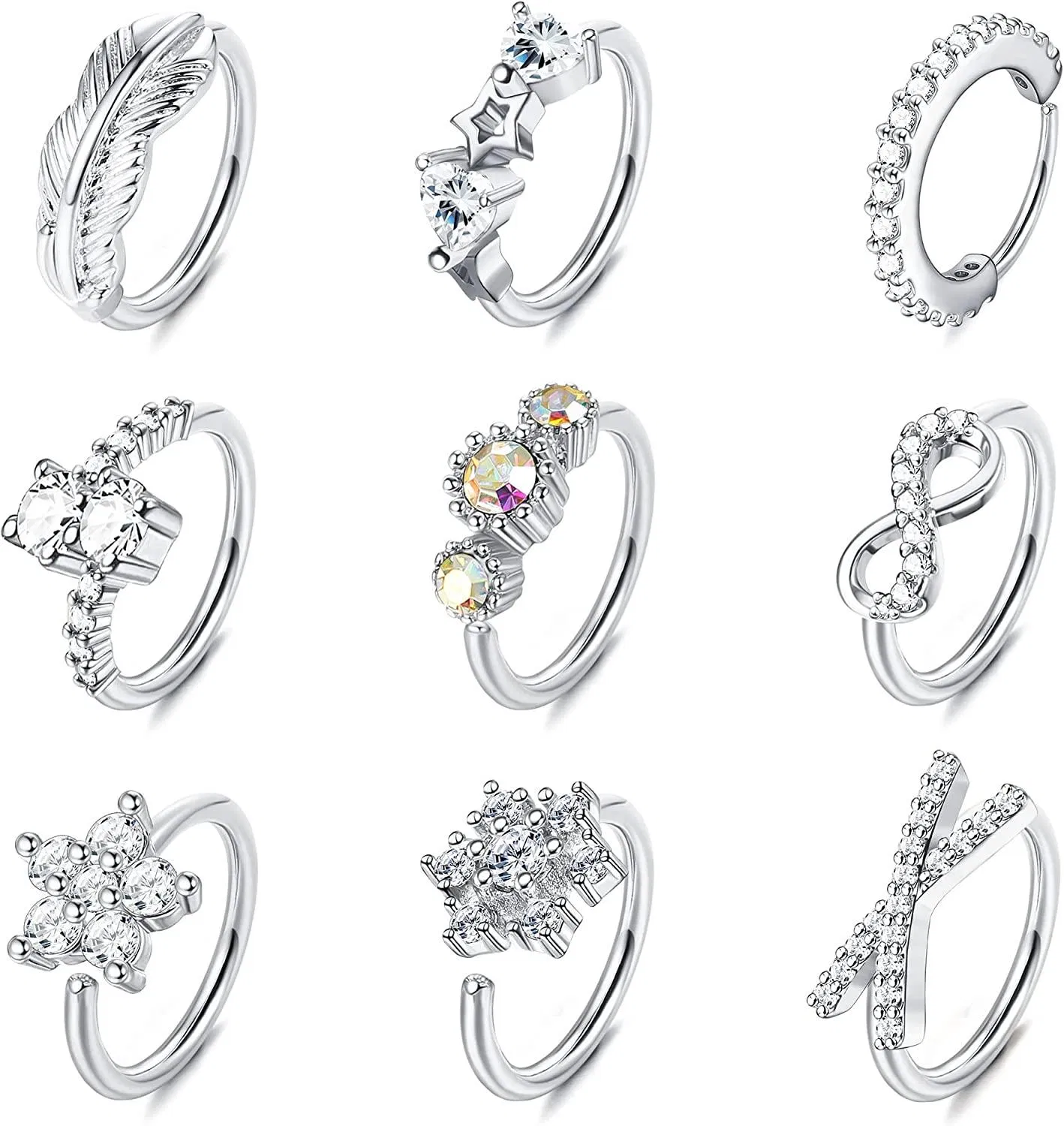 9CS 20G Nasenringe Schleife für Frauen Männer Edelsteinpflastert CZ Blatt Schmetterlingsblume Nasenschleife Ringe Crross Knorpel Helix Ohrringe Körper Piercing Schleife für Nasen Ohr