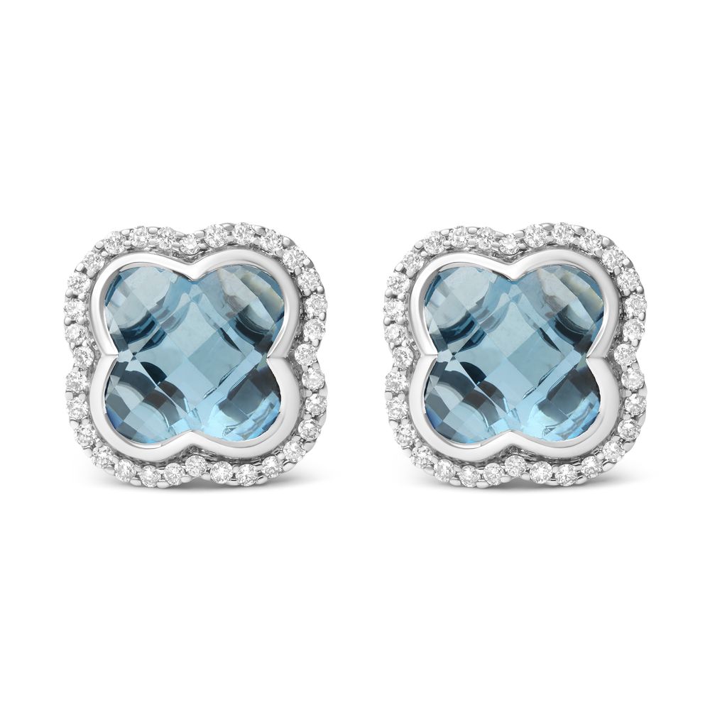 18 Karat Weißgold 3 / 8 Cttw Diamant und 11x11mm Clover-Cut London Blue Topaz Edelstein Halo Clover Stud Ohrringe (G-H Farbe, SI1 - SI2 Klarheit)