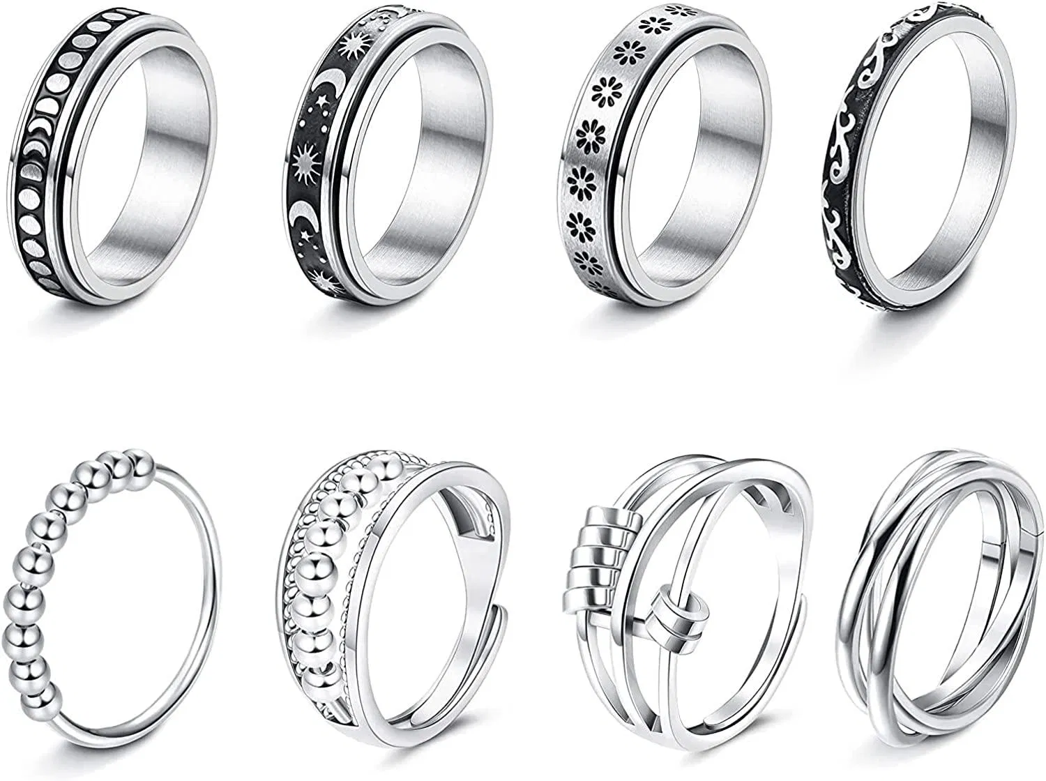 8pcs Edelstahl-Spinner - Ringe Fidget-Ringe für Angst für Frauen Männer Perlen-Ringe Schwarze Daisy-Angst - Ringe Set Angst Stress-Linderung Ringe Größe 7
