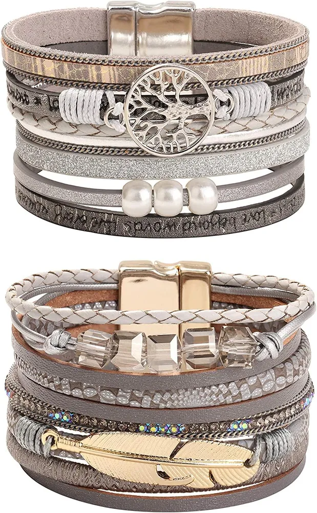 2pcs Bohemian Leder Manschetten Armband wunderschön für Frauen Mädchen Multilayer Baum des Lebens Wrap Armband Set Geschenk für Frau Freundin Mutter