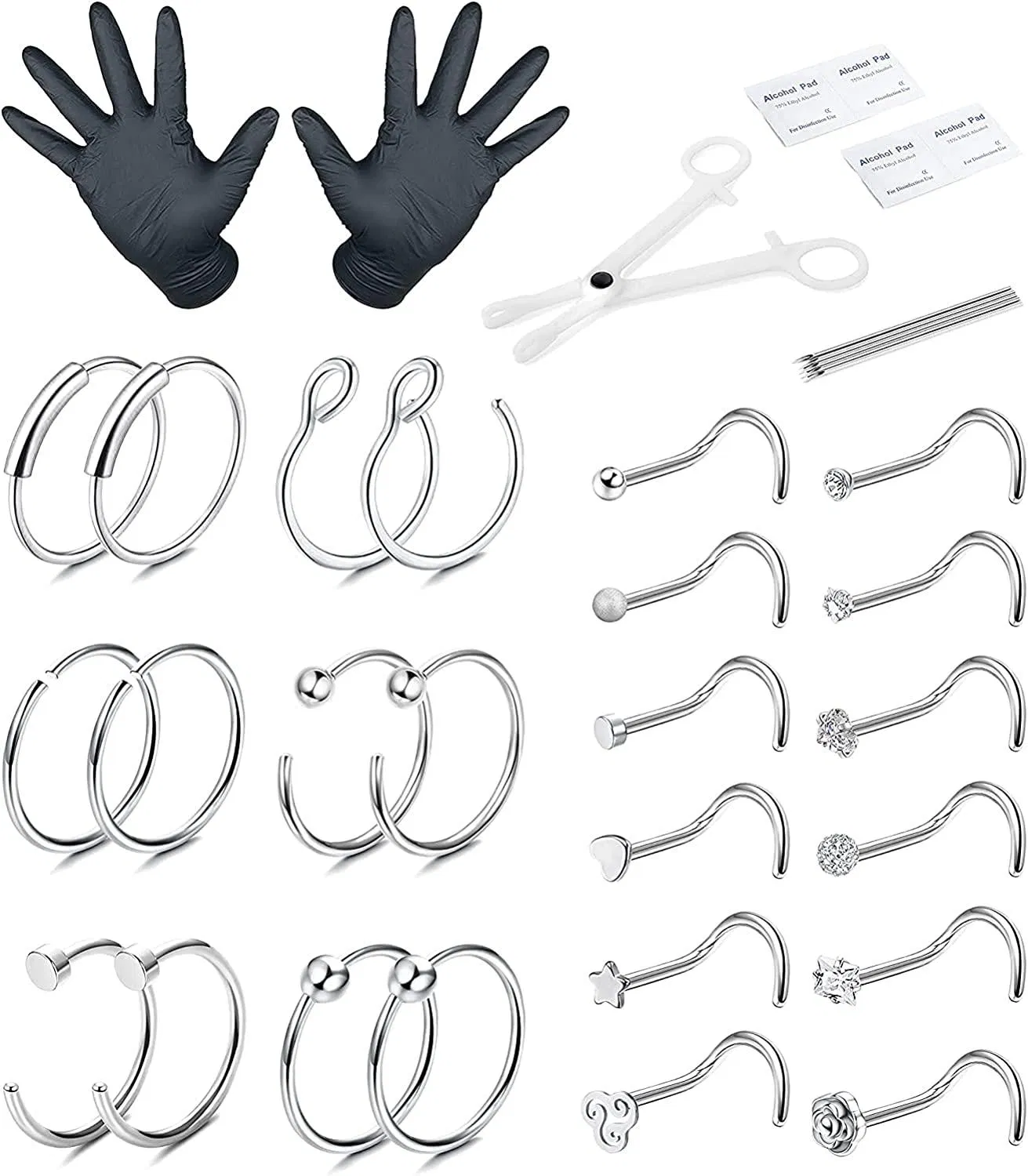 34Pcs Professional Nose Piercing Kit 316L Edelstahl-Peircings Needles Kit 20G Schraube L-förmige Nasenringe C-förmige Nasenhoop Ringe Septum Nipple Knorpel Helix Nasen Körper Piercing Kit