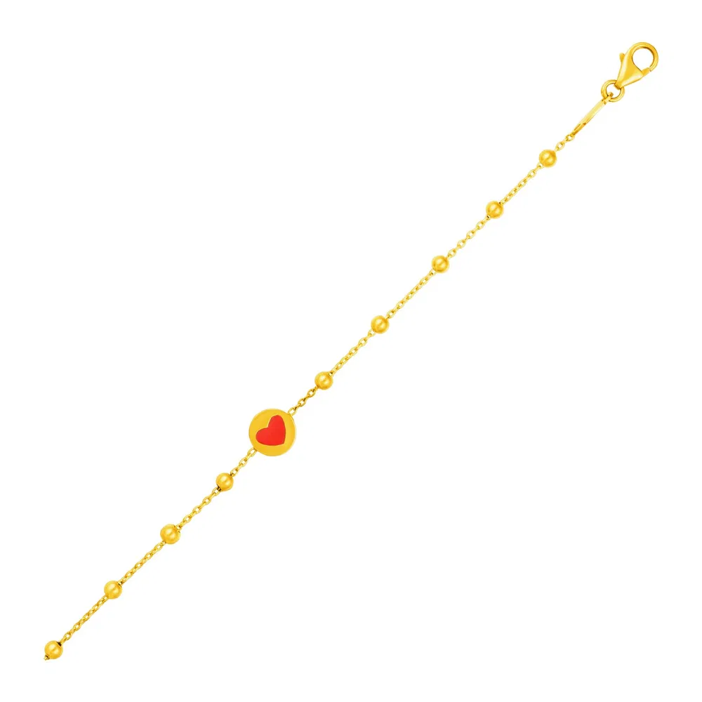 14 Karat Gelbgold Kinderarmband mit Perlen und Emailliert Herz