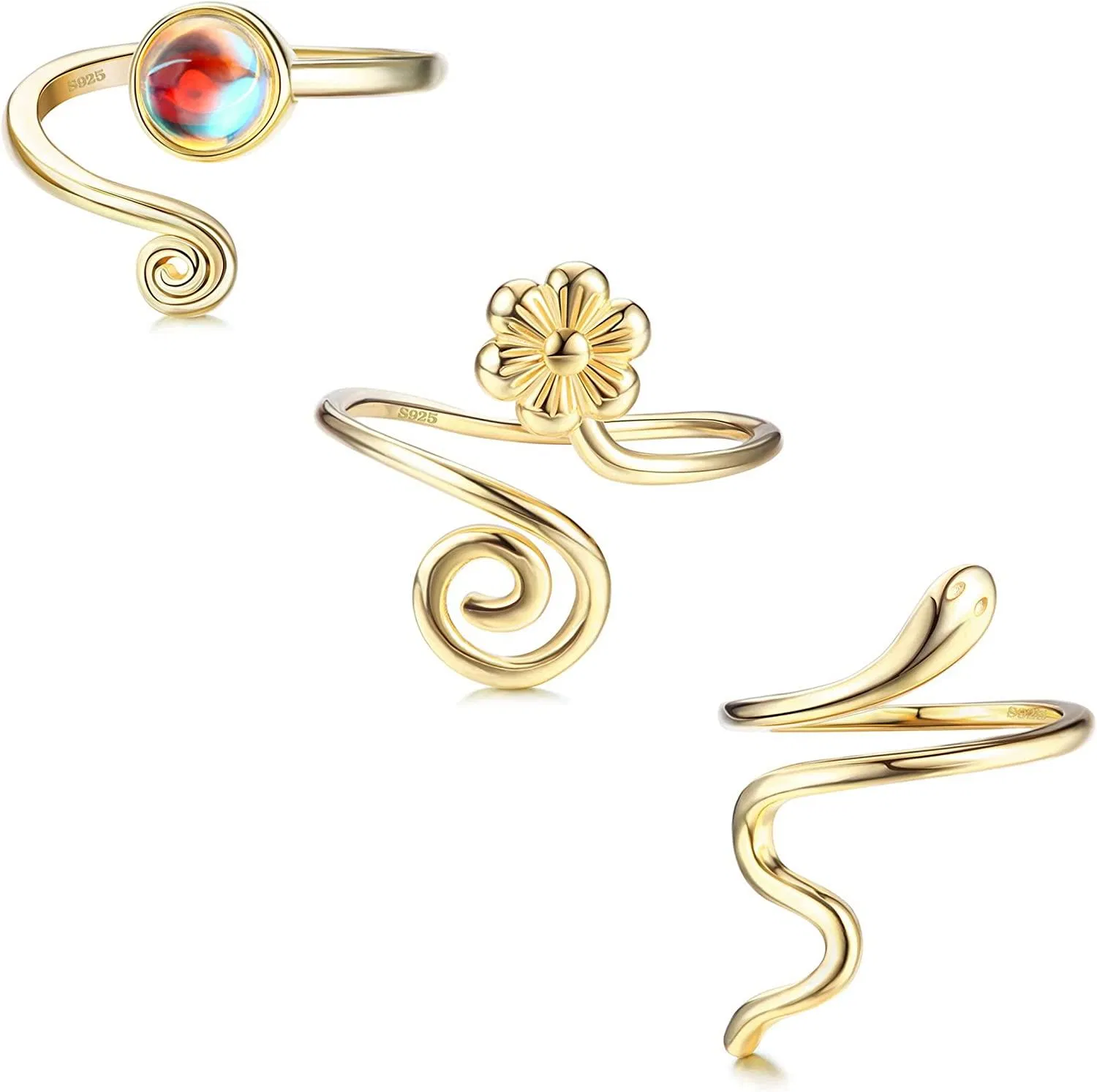 3 Stück 925 Sterling Silber offener Zehenring Set Finger Ring Joint Ring für Frauen Mädchen einstellbar minimalistische Schlange Blume Mondstein Zehen Ring Tail Band Ringe Strand Fuß Ring Geschenke