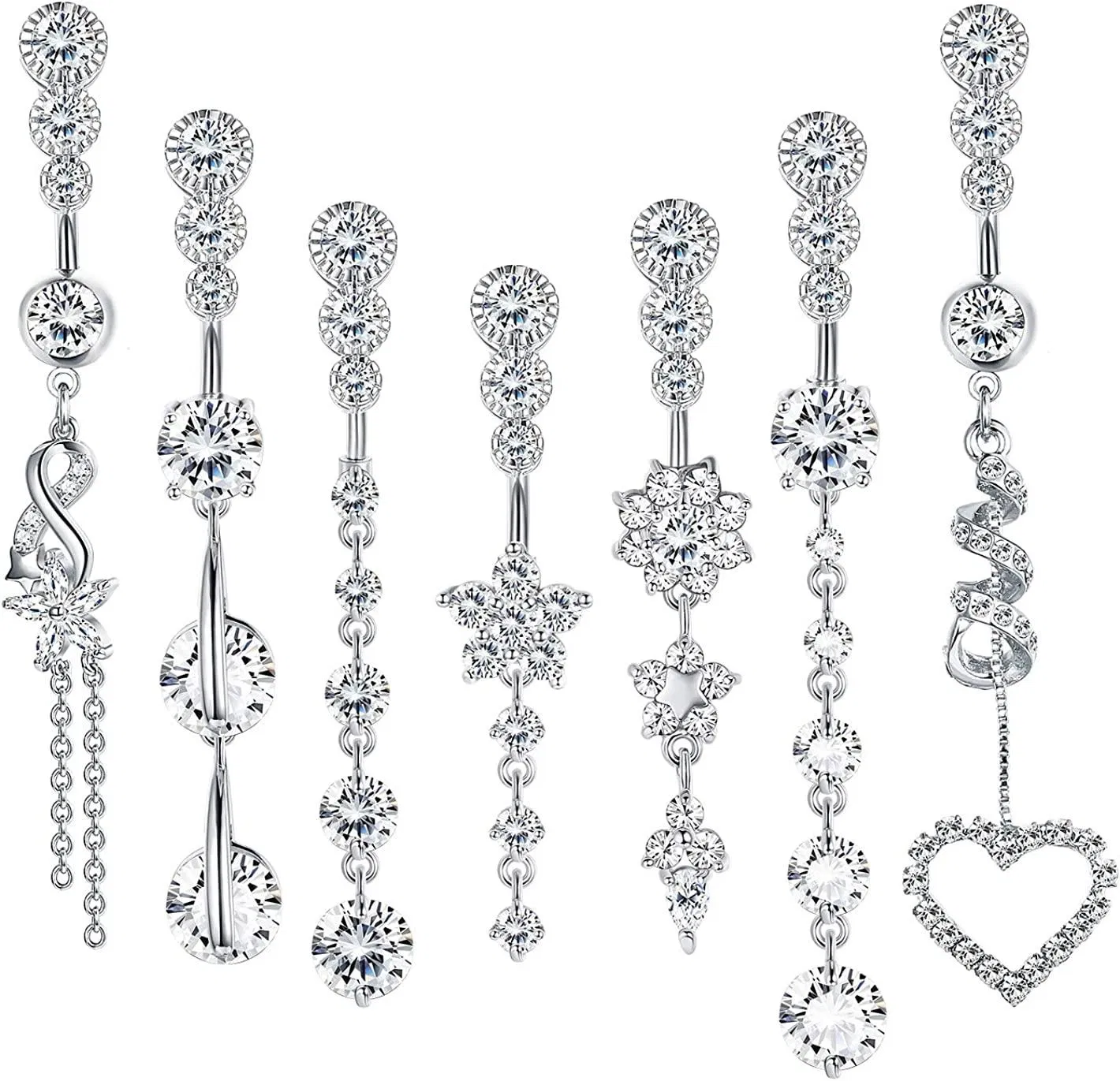 7 Stück 14G Dangle Belly Button Ringe für Frauen 316L Chirurgisch Clear CZ Barbell Piercing Dangle Reverse Curved Navel Barbell Body
