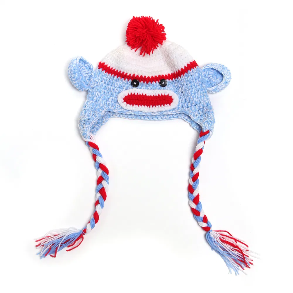 Baby Knit Monkey Hut mit blauen, weißen und roten Zöpfen