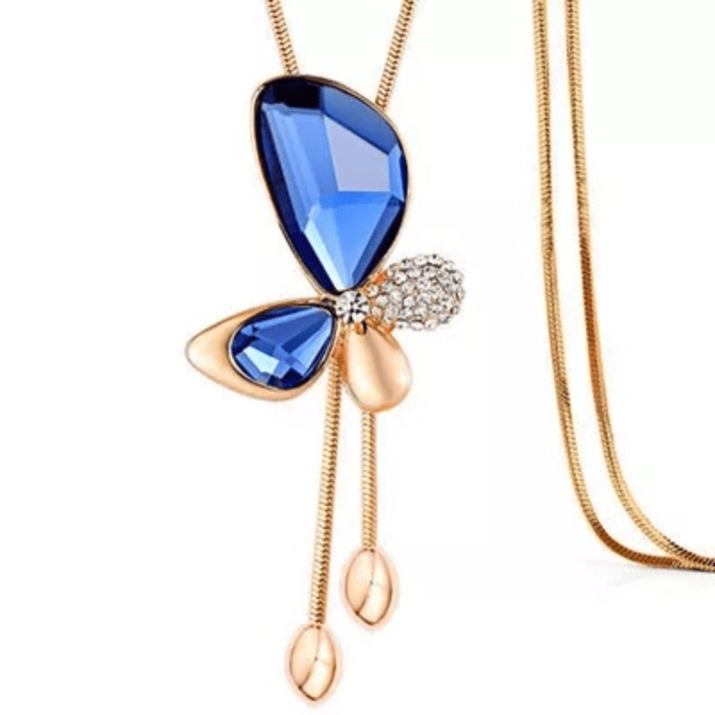 18K Gold Plated Lariat Halskette Schmetterlingsform Glänzende Synthetische Edelsteine Anhänger Elegant Long Chain Sweater Halskette
