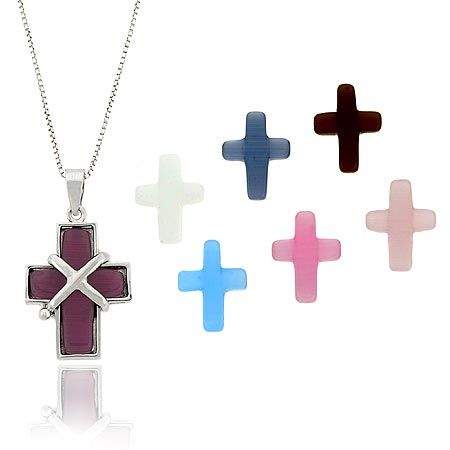 Sterling Silber Austauschbare Katzen Augen Kreuz Anhänger Set