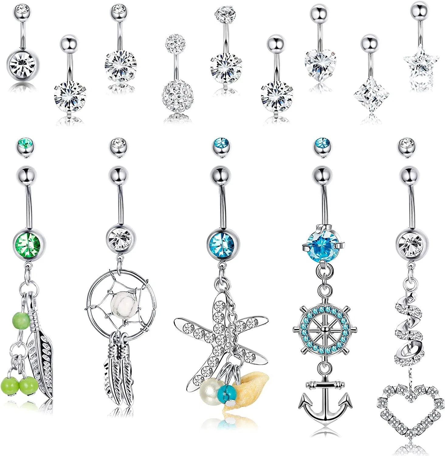 14pcs 14G Bauchknopfring Edelstahl Dangle Nabelringe Clear CZ Inlay Barbell Body Piercing Schmuck