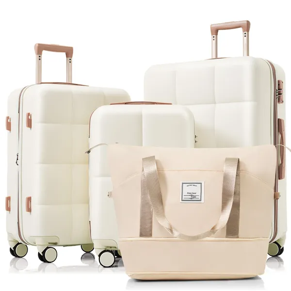 Gepäckset 4 Stück, 20 Zoll mit USB-Anschluss, erweiterbarer ABS-Laufstandsfähiger Koffer mit Reisetasche, Tassenhalter, ABS Hard Shell Gepäck mit Spinnerrädern, beige