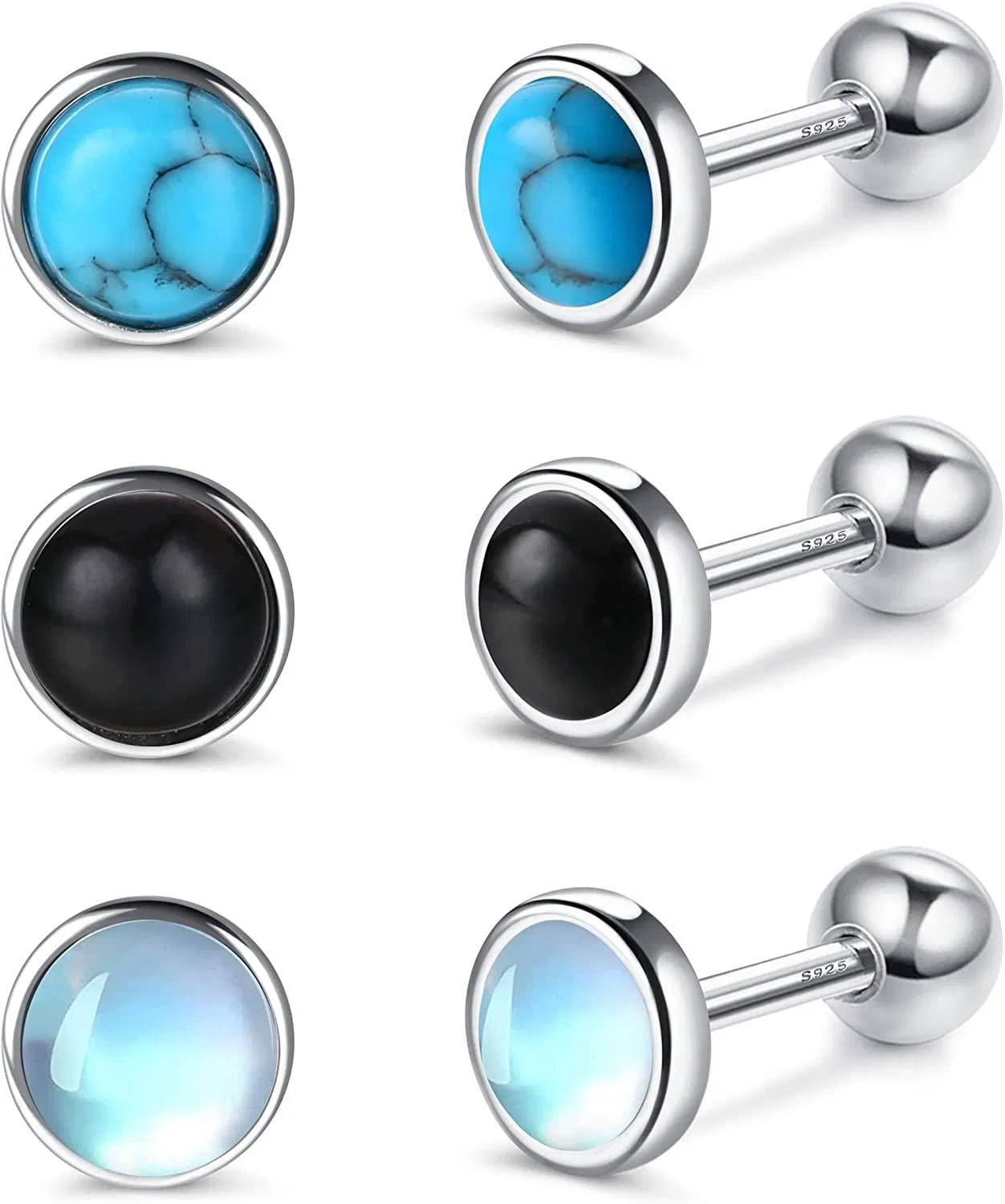 3 Paare 925 Sterling Silber Stud Ohrringe für Frauen; Knorpel Ohrringe Sterling Silber; Synthetische runden Mondstein Türkis Schwarz Onyx hypoallergene Stud Ohrringe für Mädchen Kinder 4MM