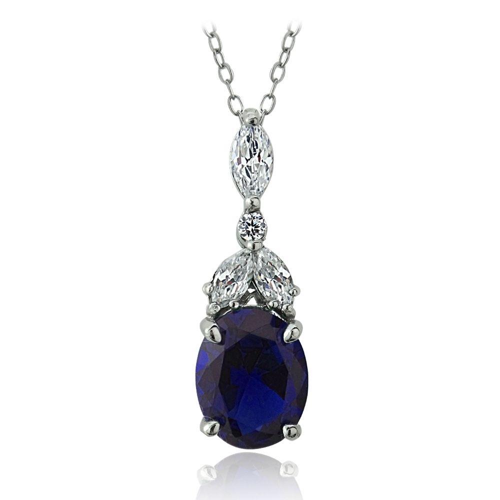 Sterling Silber geschaffen Blauer Saphir & CZ Marquise Oval Halskette