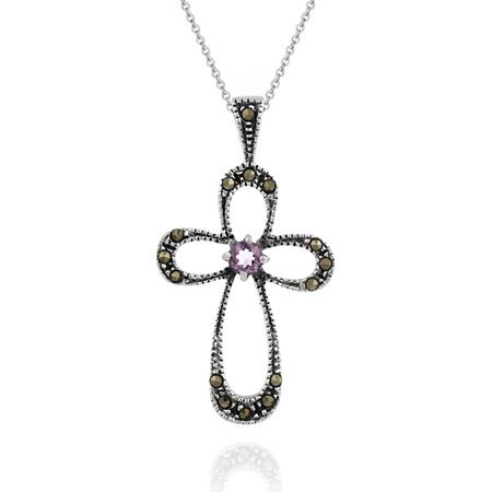 Sterling Silver Cross Echt Amethyst / Marcasit Anhänger