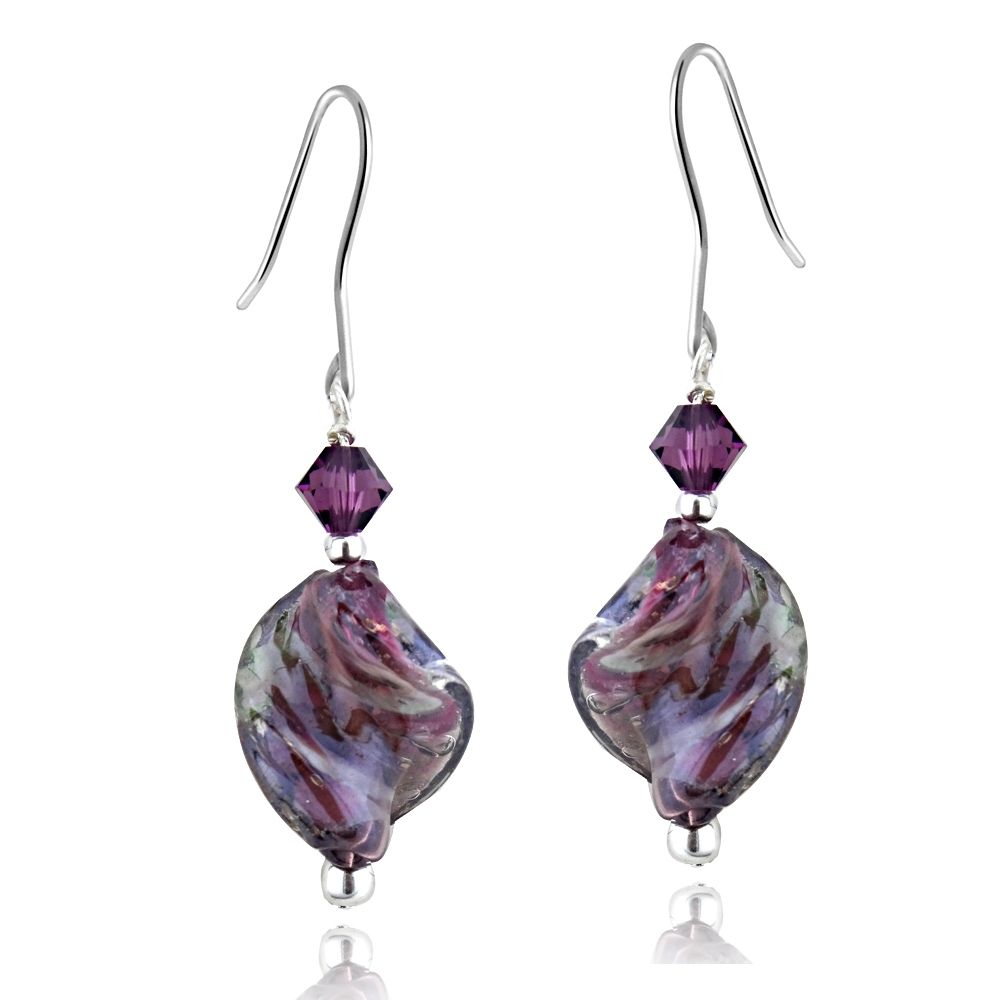 Sterling Silber Hand geblasen Millefiori Purple Twist Handwerker Glas & Crystal Dangle Ohrringe