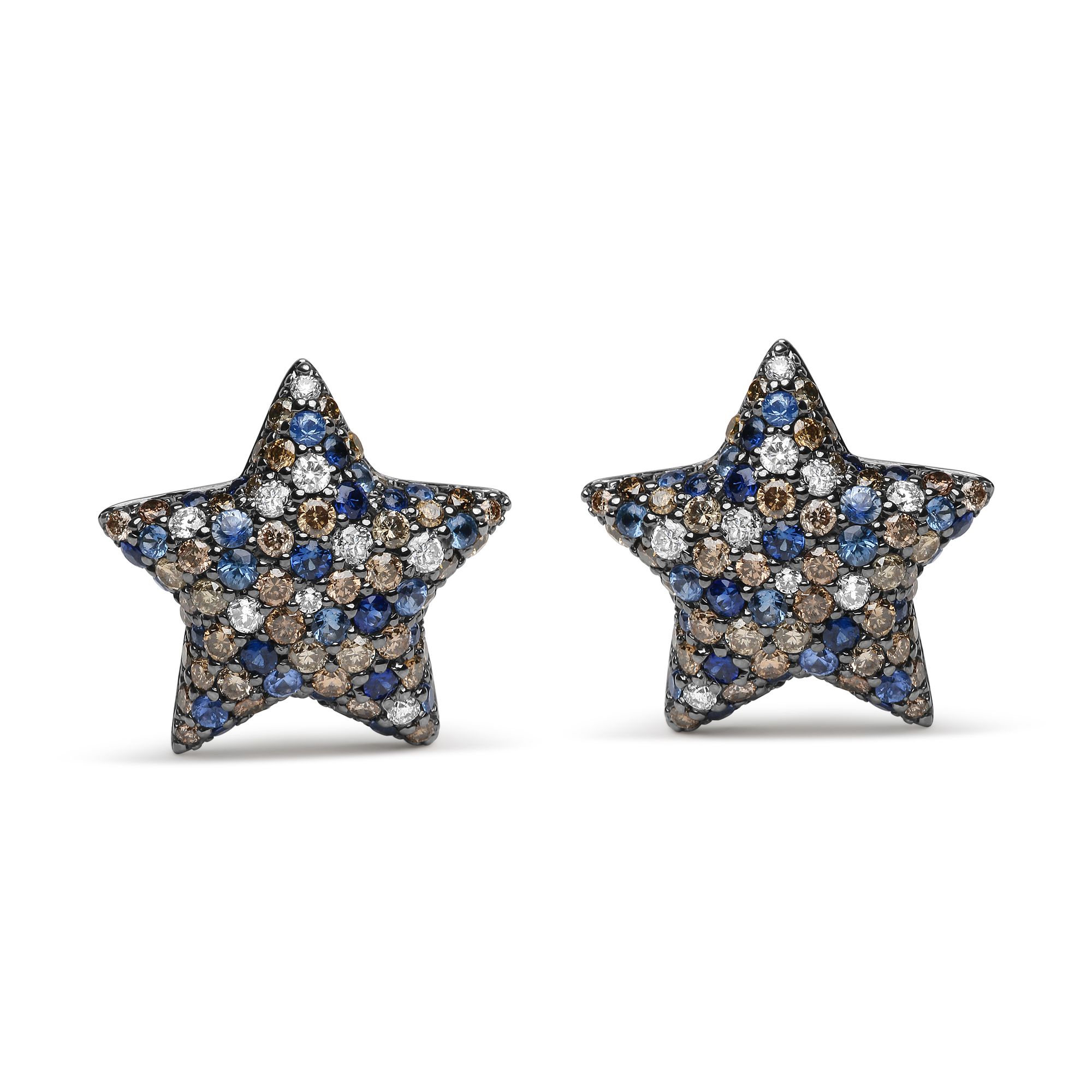 Schwarzes Rhodium überplatte 18 Karat Weißgold 1,00 Cttw Diamant und rund blauer Saphir Edelstein Micro-Pave Star Stud Ohrringe (Braun und G-H Farbe, SI1 - SI2 Klarheit)