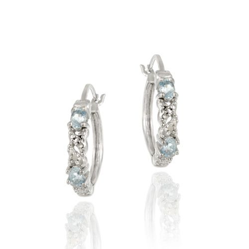 Sterling Silber .925 echte blaue Topaz & Diamanten Akzent Stein Oval & X-Form Muster Hoop Ohrringe