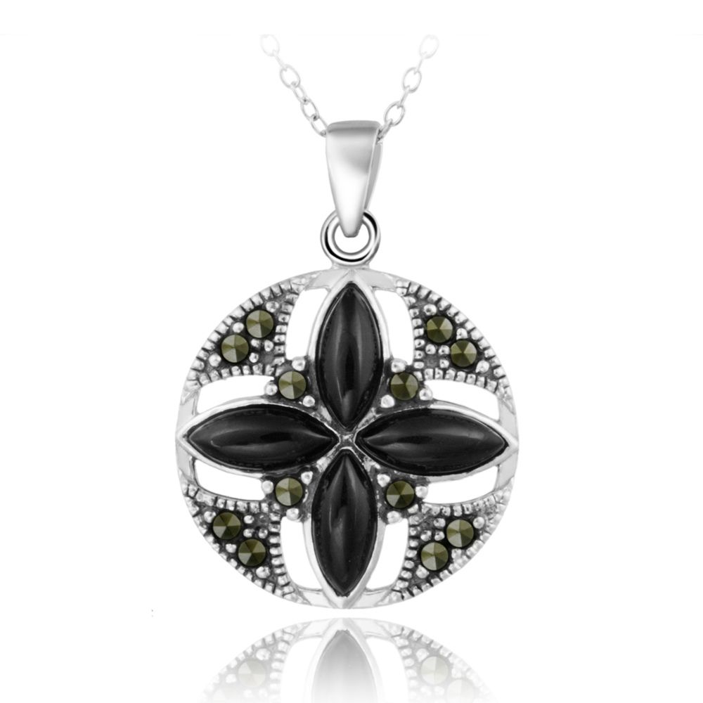Sterling Silber Onyx & Marcasit Round Blumen Anhänger