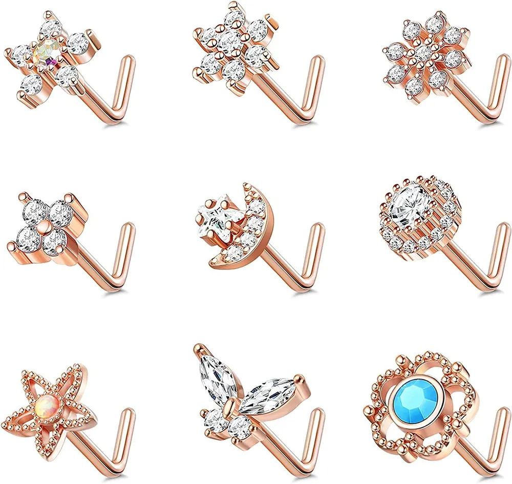 9pcs 20G Nasenringe Studs für Frauen Edelstahl Nasenringe L-förmige Nasen Studs Schraube Nasenringe CZ Schmetterling Mond Stern Blume Nasen Piercing Ring