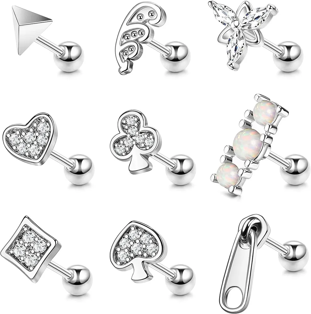 9pcs Knorpel Ohrringe Helix Piercing 16G Edelstahl CZ Poker Knorpel Stud Ohrringe für Männer Frauen Dangle Conch Forward Helix Tragus Daith Piercing Jewelry