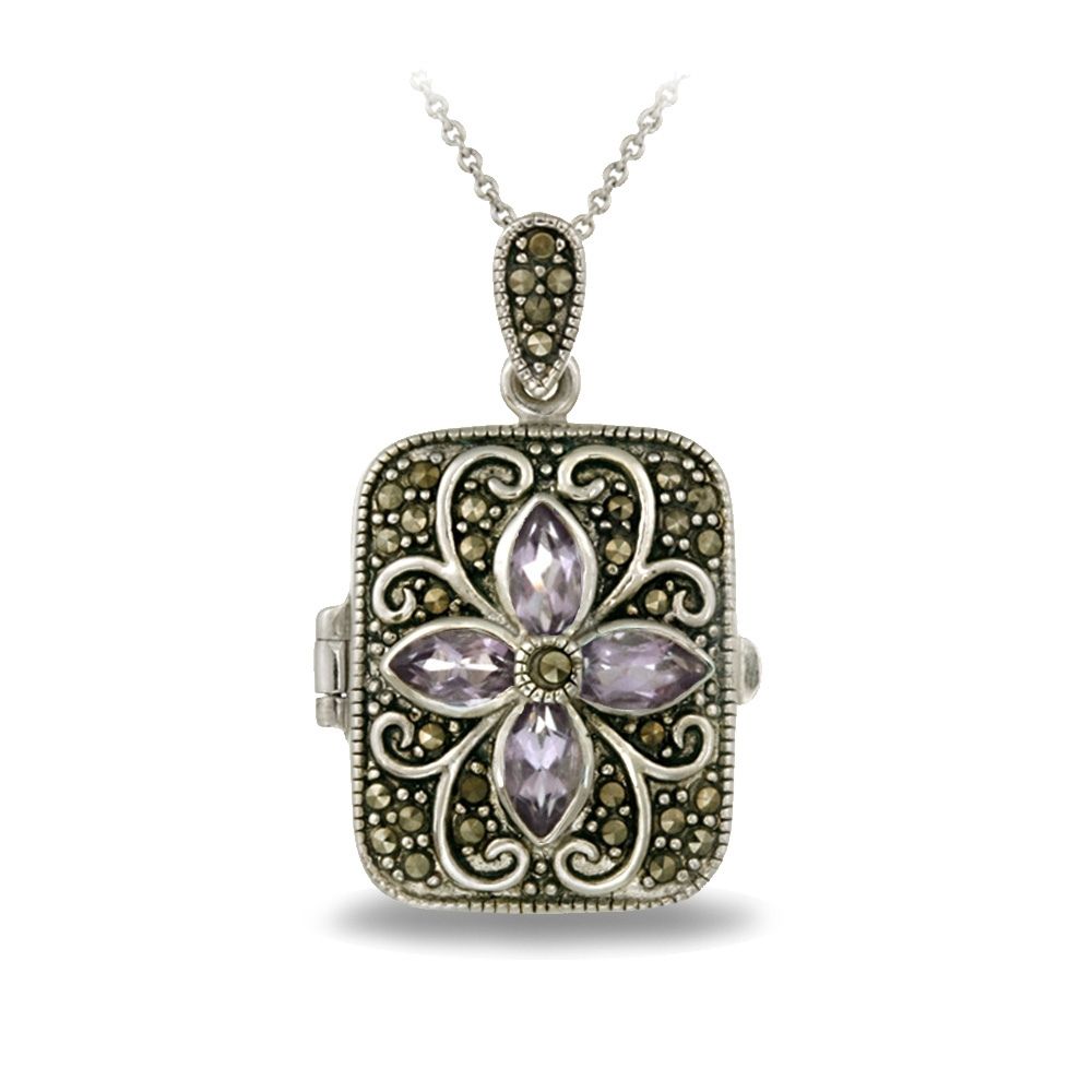 Silberton Echte Amethyst Blume Marcasit Locket Halskette
