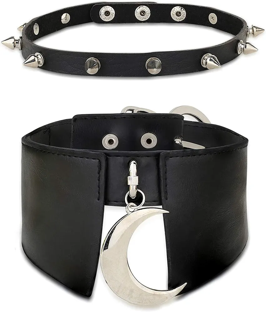 2PCS Schwarzes Leder Choker Kragen für Frauen Vintage Punk Goth Halskette Verstellbar
